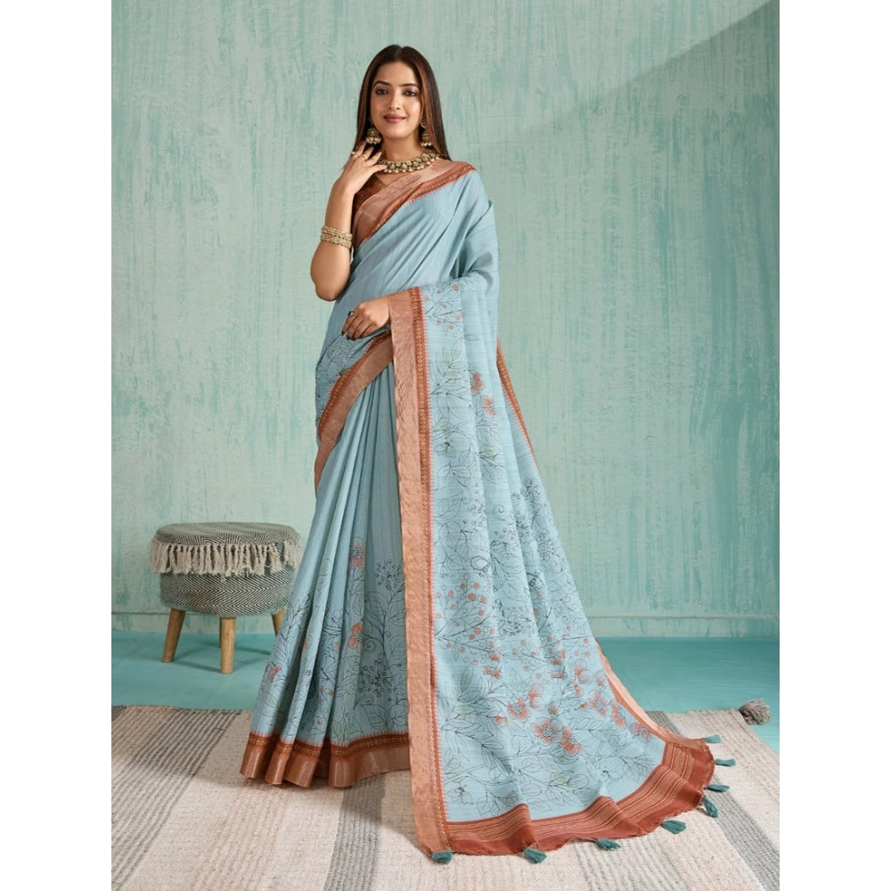 Generic Women's Silk Blend Printed Saree With Unstitched Blouse 5.5Mtr (Blue) Main image
