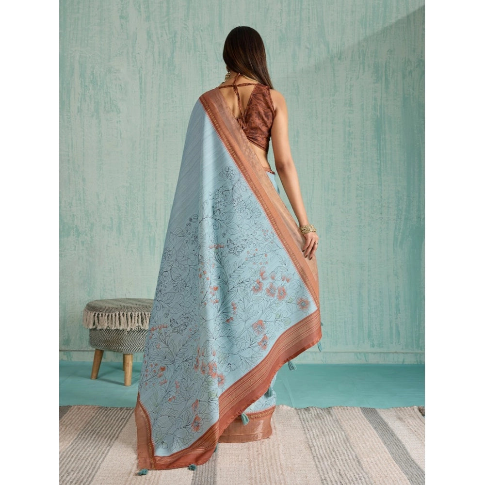 Generic Women's Silk Blend Printed Saree With Unstitched Blouse 5.5Mtr (Blue) Secondary image