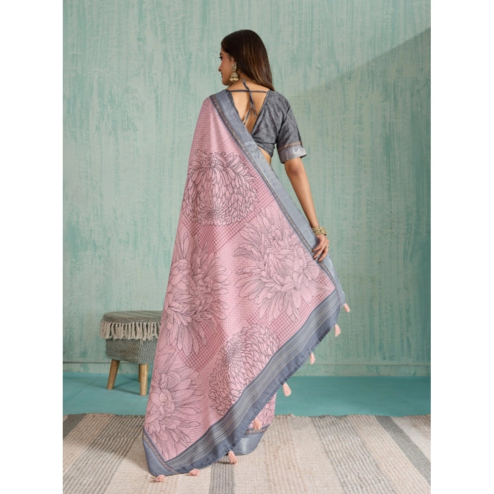 Generic Women's Silk Blend Printed Saree With Unstitched Blouse 5.5Mtr (Pink) Secondary image
