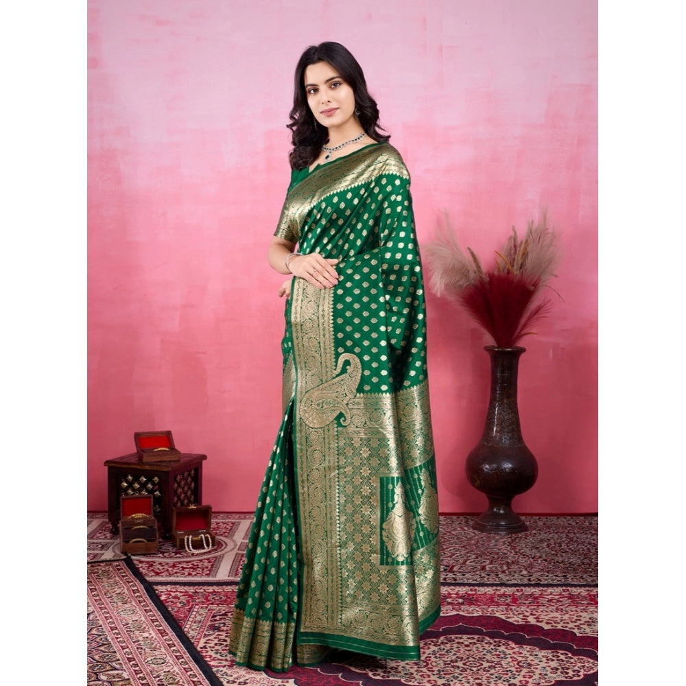 Generic Women's Banarasi Silk Printed Saree With Unstitched Blouse 5.5Mtr (Green)