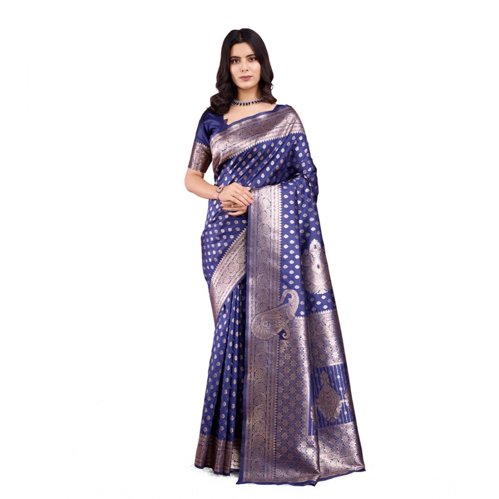 Generic Women's Banarasi Silk Printed Saree With Unstitched Blouse 5.5Mtr (Blue) Main image