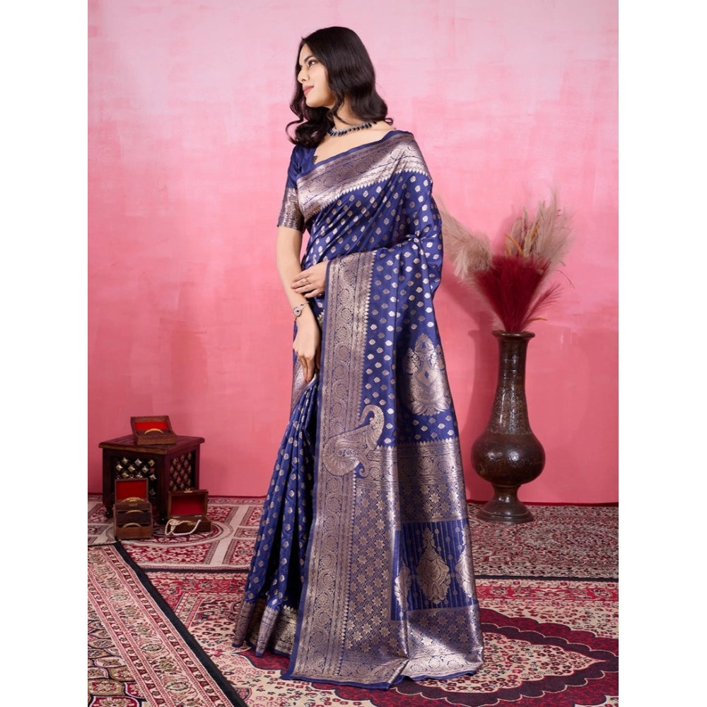 Generic Women's Banarasi Silk Printed Saree With Unstitched Blouse 5.5Mtr (Blue) Secondary image