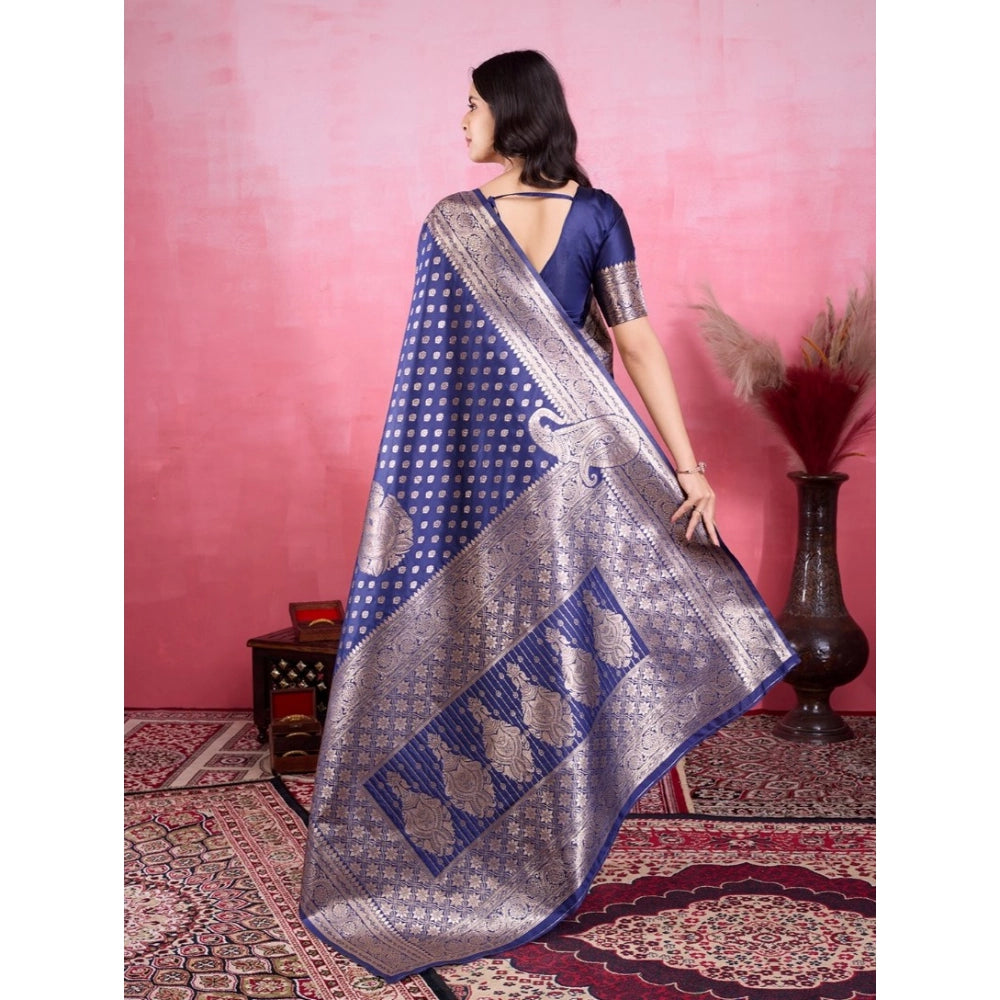 Generic Women's Banarasi Silk Printed Saree With Unstitched Blouse 5.5Mtr (Blue)
