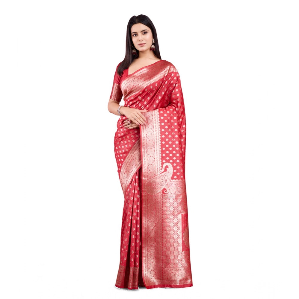 Generic Women's Banarasi Silk Printed Saree With Unstitched Blouse 5.5Mtr (Red) Main image