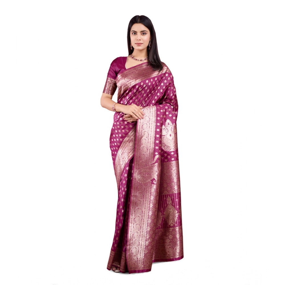 Generic Women's Banarasi Silk Printed Saree With Unstitched Blouse 5.5Mtr (Wine) Main image