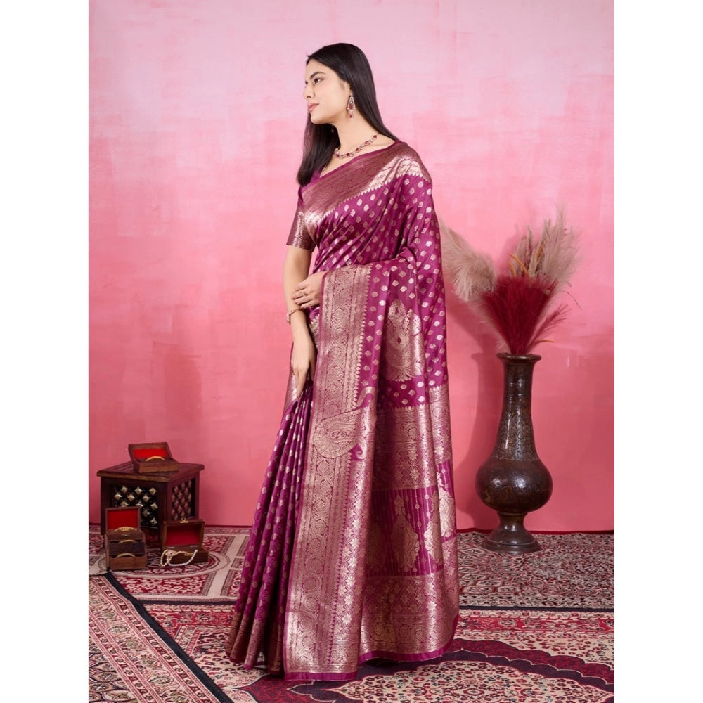 Generic Women's Banarasi Silk Printed Saree With Unstitched Blouse 5.5Mtr (Wine) Secondary image