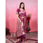 Generic Women's Banarasi Silk Printed Saree With Unstitched Blouse 5.5Mtr (Wine)