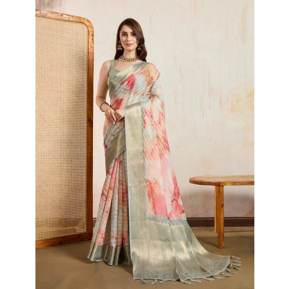 Generic Women's Viscose Printed Saree With Unstitched Blouse 5.5Mtr (Cream) Main image