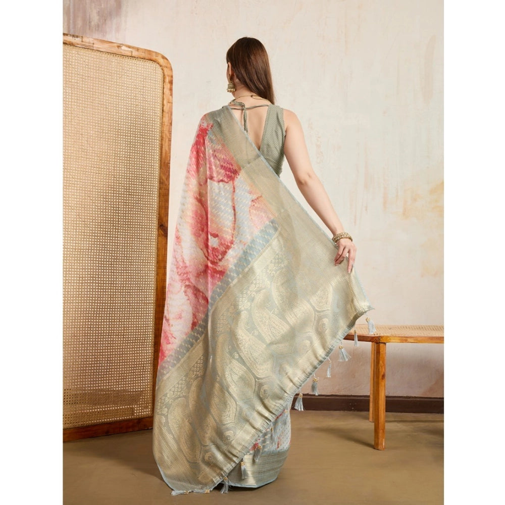 Generic Women's Viscose Printed Saree With Unstitched Blouse 5.5Mtr (Cream) Secondary image