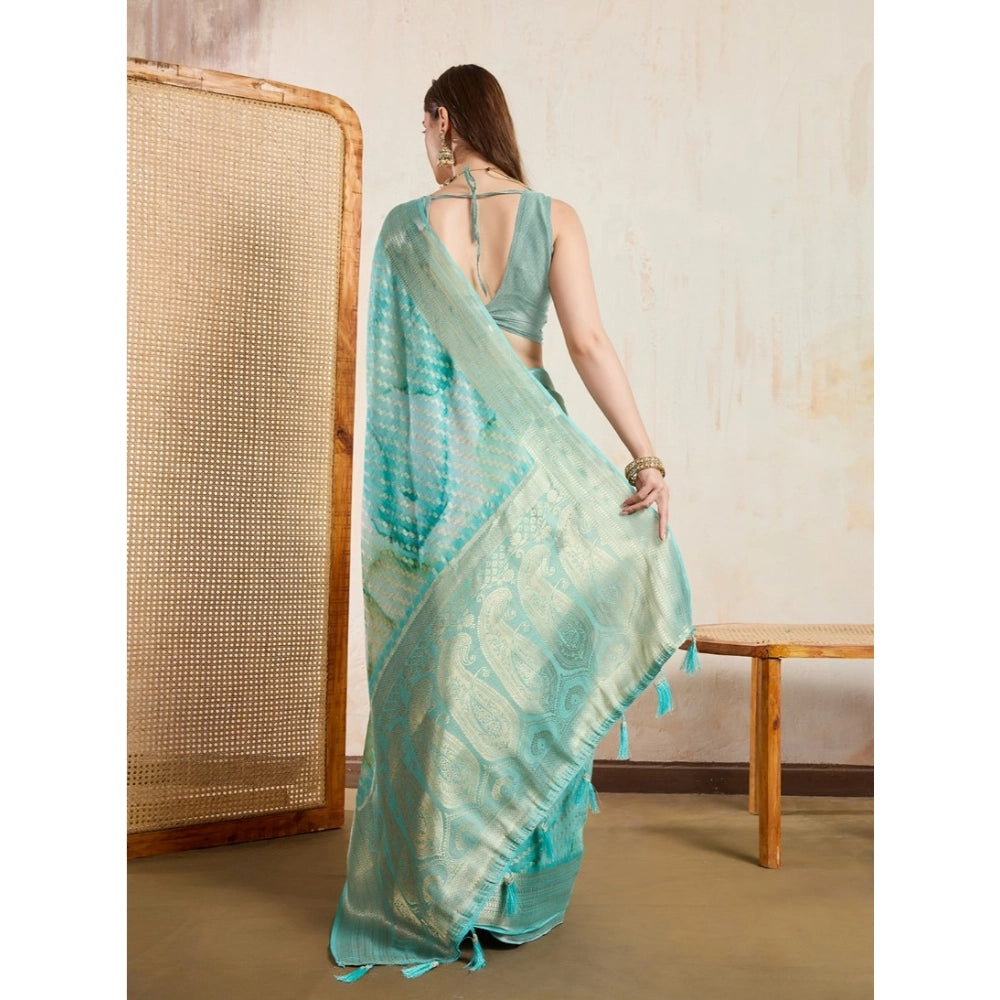 Generic Women's Viscose Printed Saree With Unstitched Blouse 5.5Mtr (Green) Secondary image