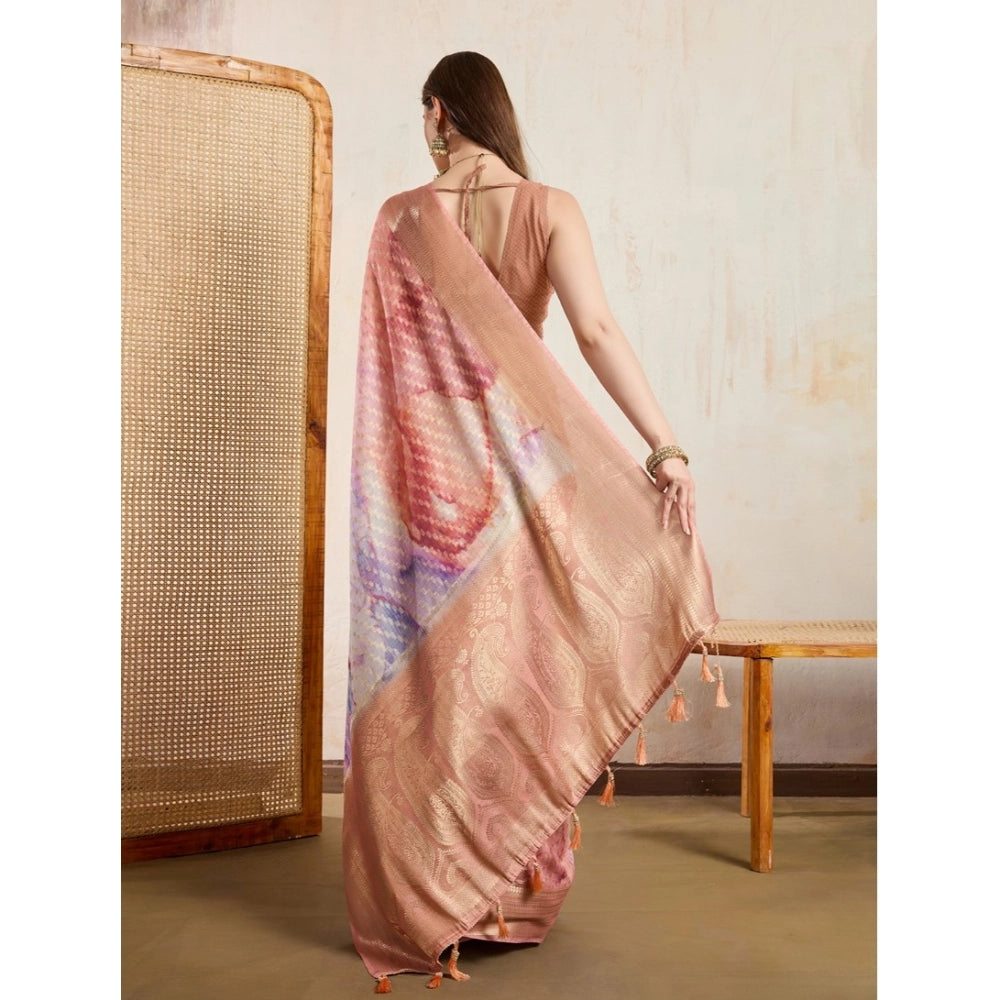 Generic Women's Viscose Printed Saree With Unstitched Blouse 5.5Mtr (Peach) Secondary image