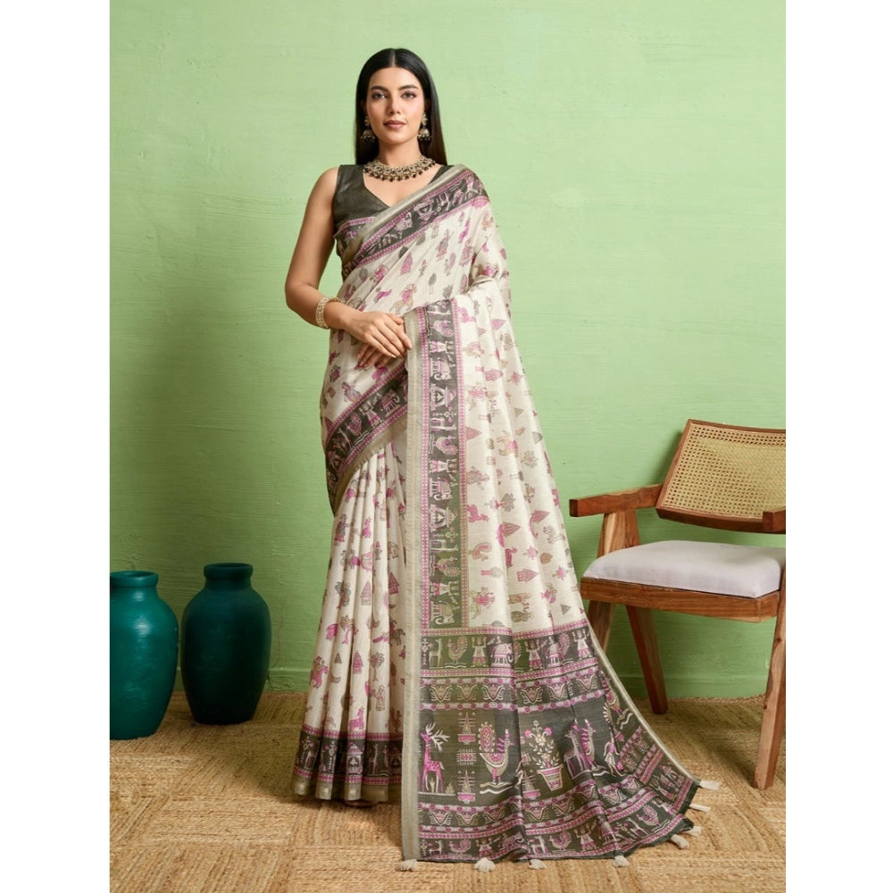 Generic Women's Silk Blend Printed Saree With Unstitched Blouse 5.5Mtr (Off White) Main image