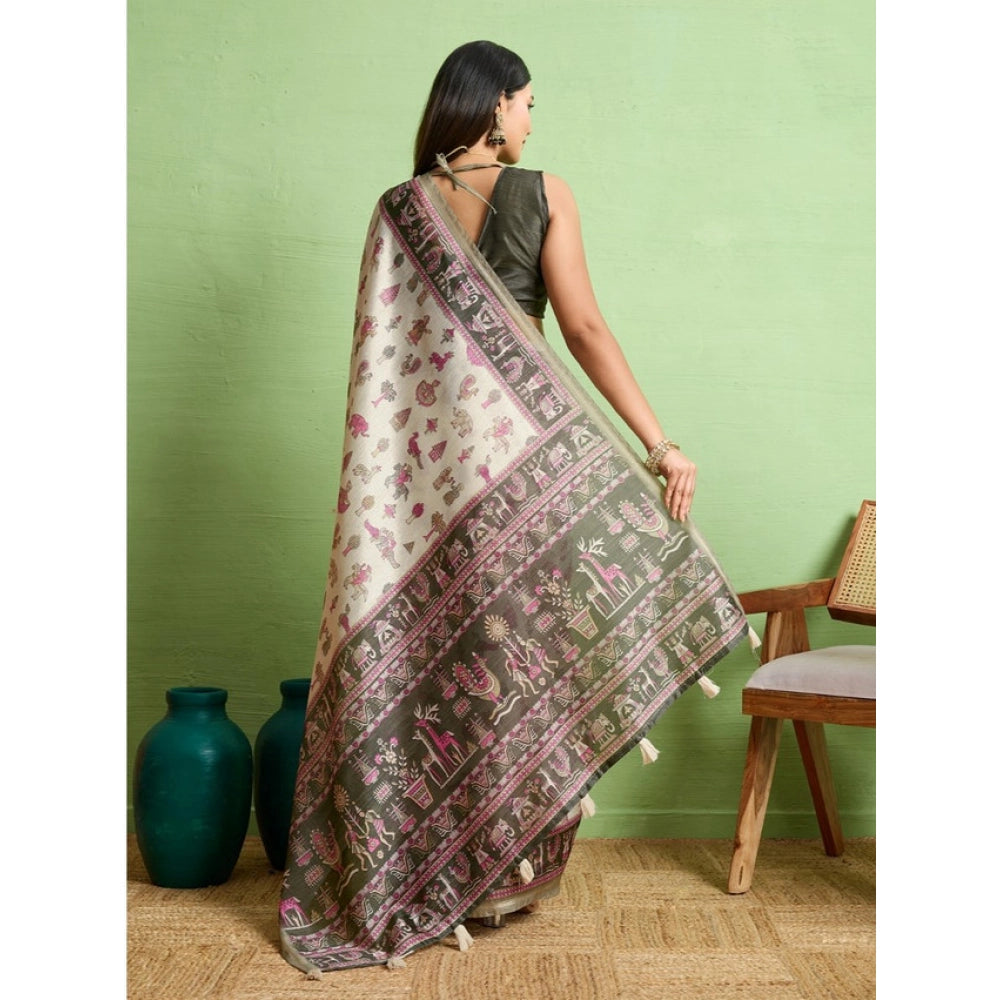 Generic Women's Silk Blend Printed Saree With Unstitched Blouse 5.5Mtr (Off White) Secondary image