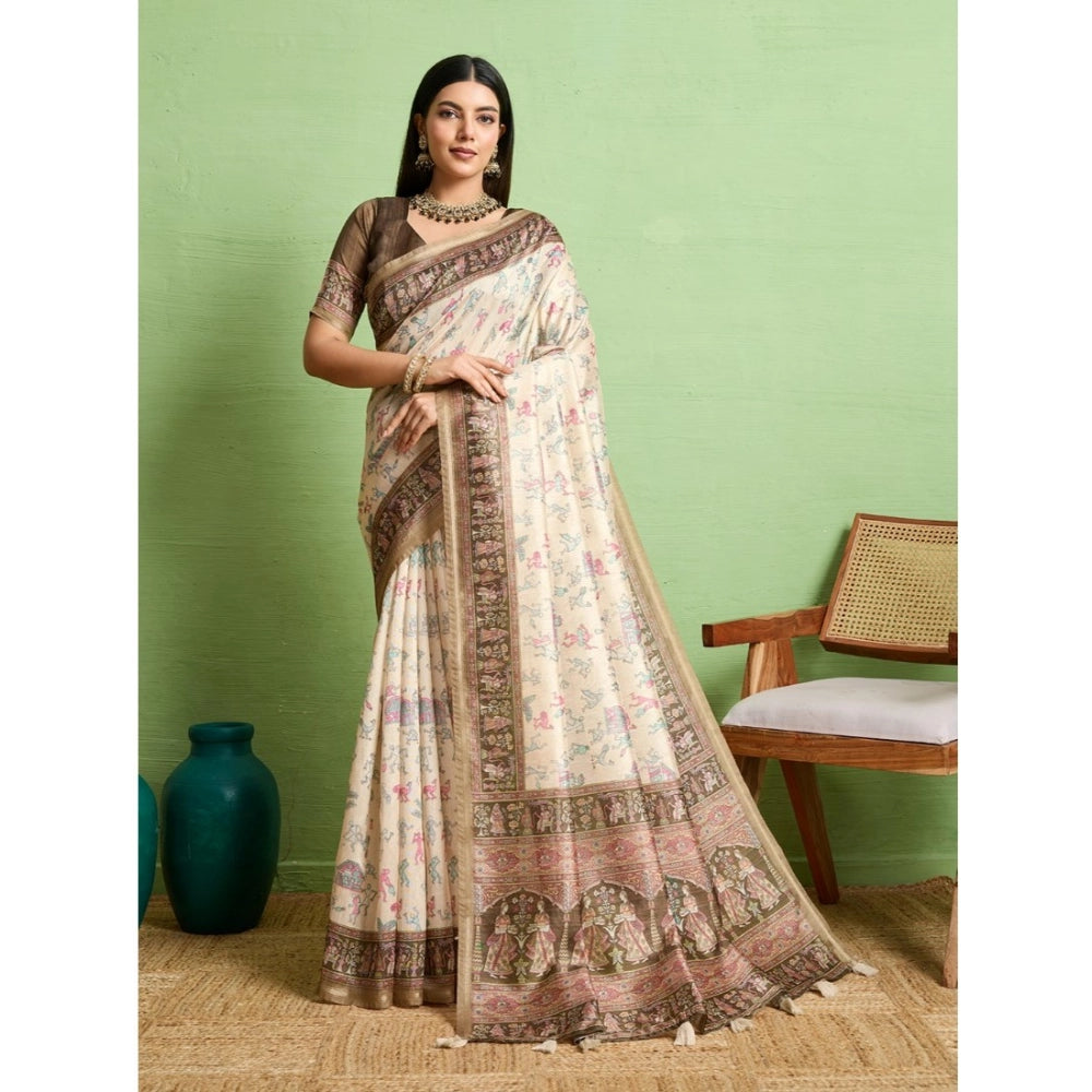 Generic Women's Silk Blend Printed Saree With Unstitched Blouse 5.5Mtr (Cream) Main image
