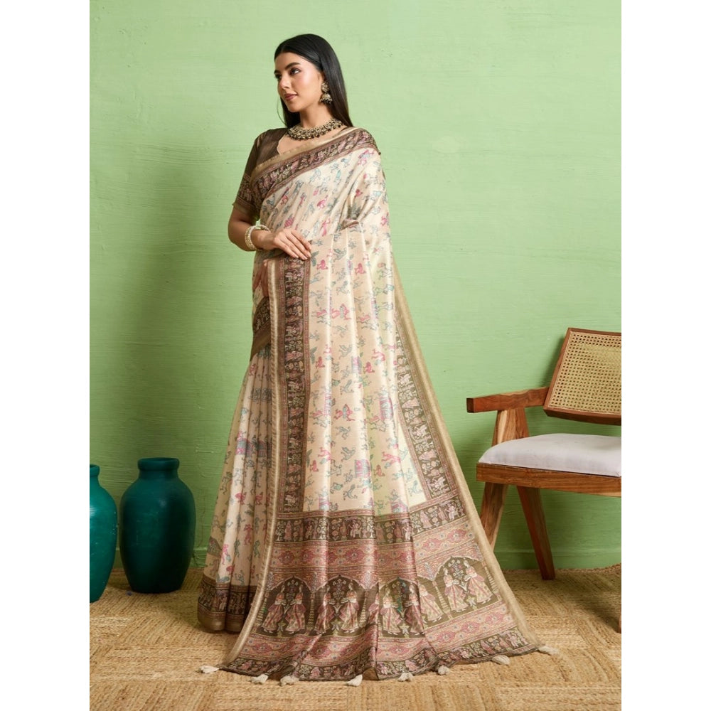 Generic Women's Silk Blend Printed Saree With Unstitched Blouse 5.5Mtr (Cream) Secondary image