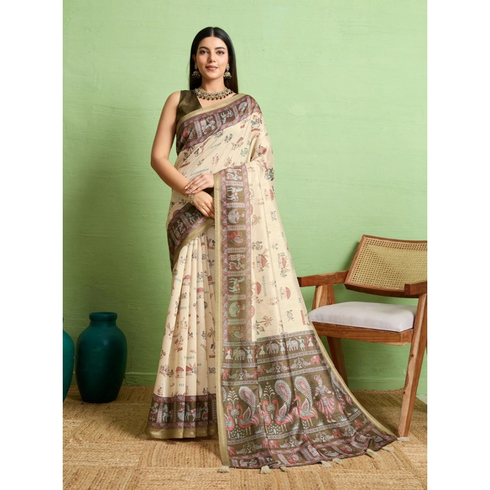 Generic Women's Silk Blend Printed Saree With Unstitched Blouse 5.5Mtr (Cream) Main image