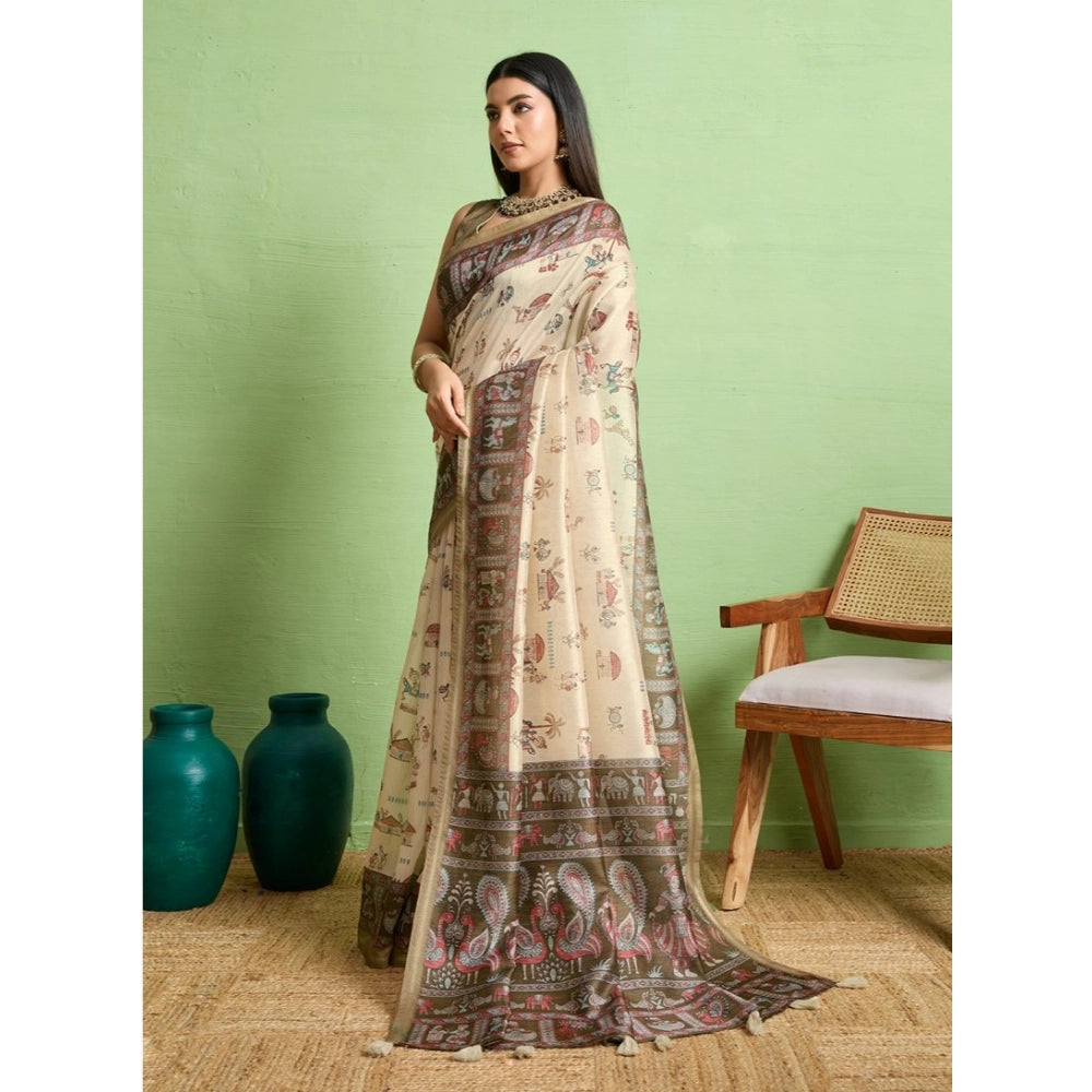 Generic Women's Silk Blend Printed Saree With Unstitched Blouse 5.5Mtr (Cream) Secondary image