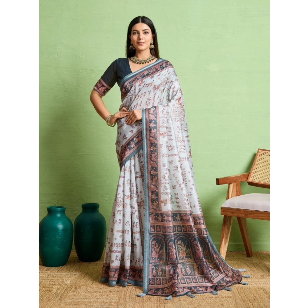 Generic Women's Silk Blend Printed Saree With Unstitched Blouse 5.5Mtr (Grey) Main image
