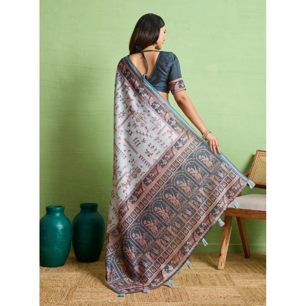 Generic Women's Silk Blend Printed Saree With Unstitched Blouse 5.5Mtr (Grey) Secondary image