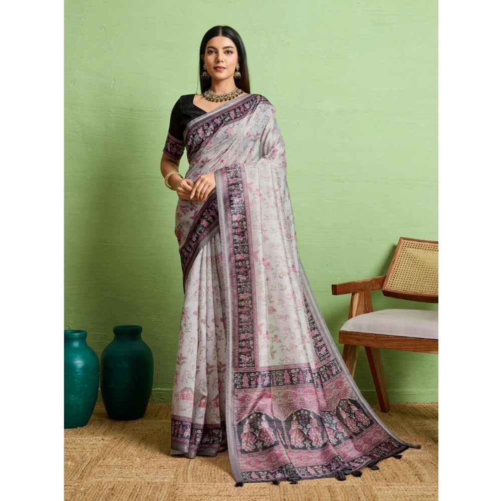 Generic Women's Silk Blend Printed Saree With Unstitched Blouse 5.5Mtr (Grey)