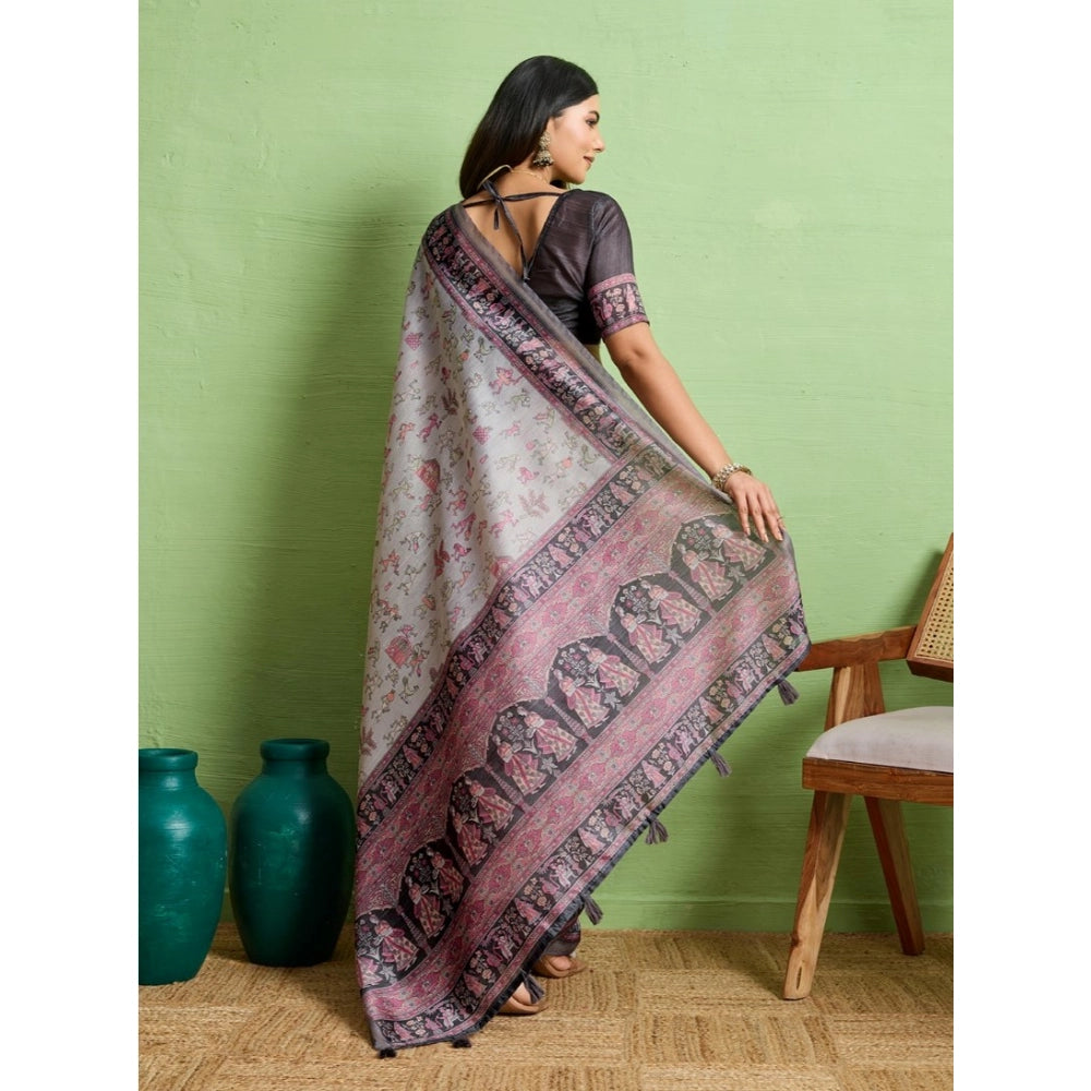 Generic Women's Silk Blend Printed Saree With Unstitched Blouse 5.5Mtr (Grey) Secondary image