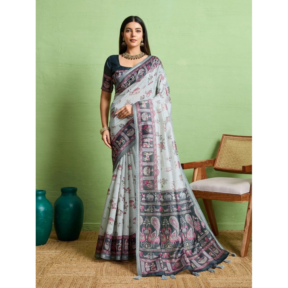 Generic Women's Silk Blend Printed Saree With Unstitched Blouse 5.5Mtr (Grey) Main image