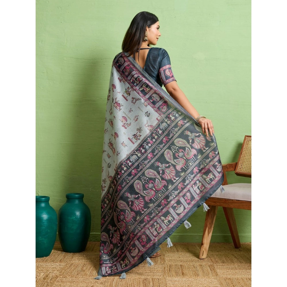 Generic Women's Silk Blend Printed Saree With Unstitched Blouse 5.5Mtr (Grey) Secondary image