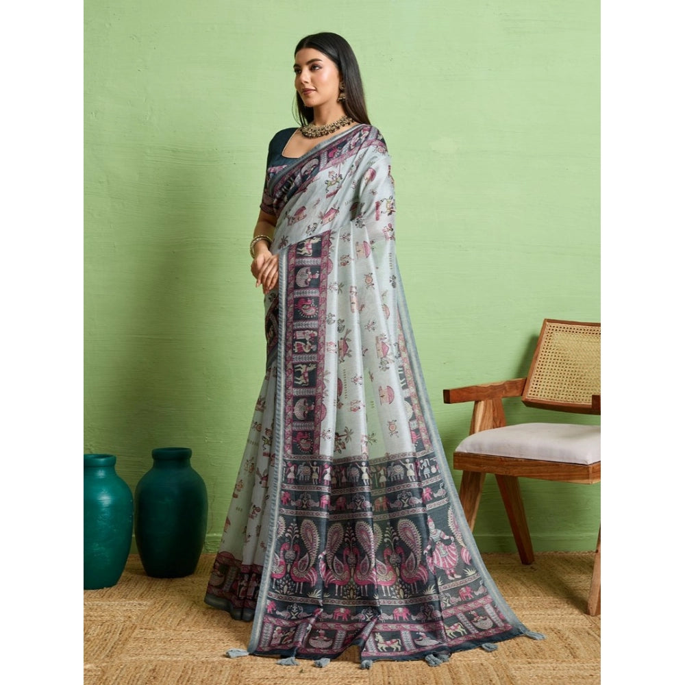 Generic Women's Silk Blend Printed Saree With Unstitched Blouse 5.5Mtr (Grey)