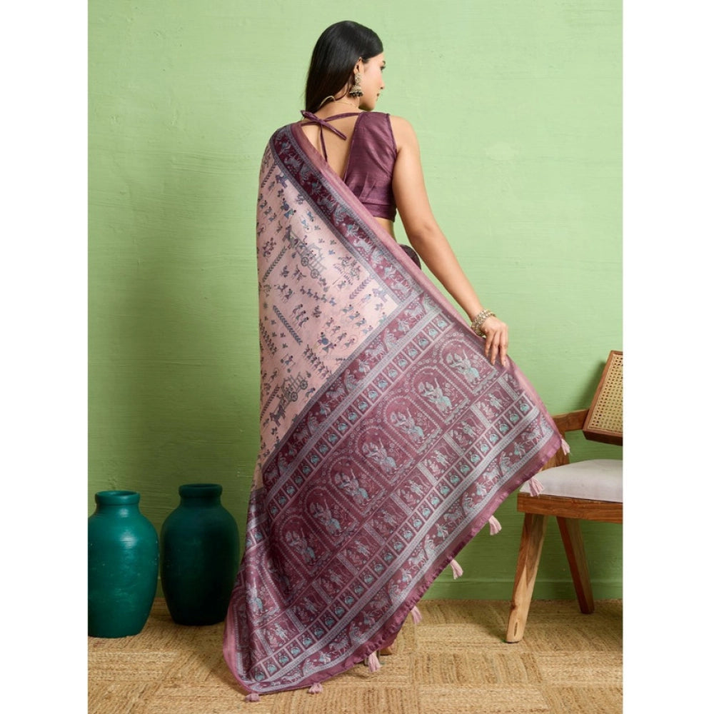 Generic Women's Silk Blend Printed Saree With Unstitched Blouse 5.5Mtr (Grey) Secondary image