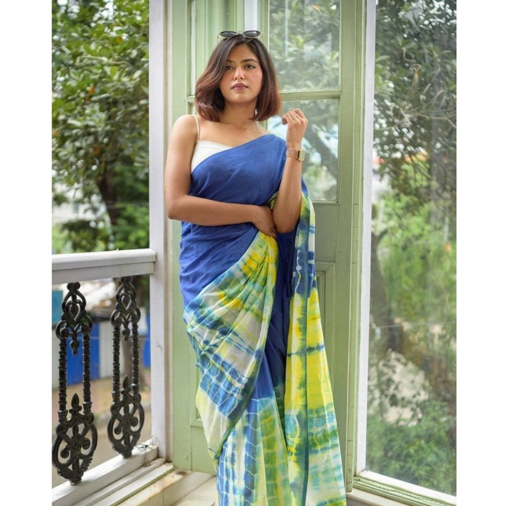 Generic Women's Linen Printed Saree With Unstitched Blouse 5.5Mtr (Blue) Main image