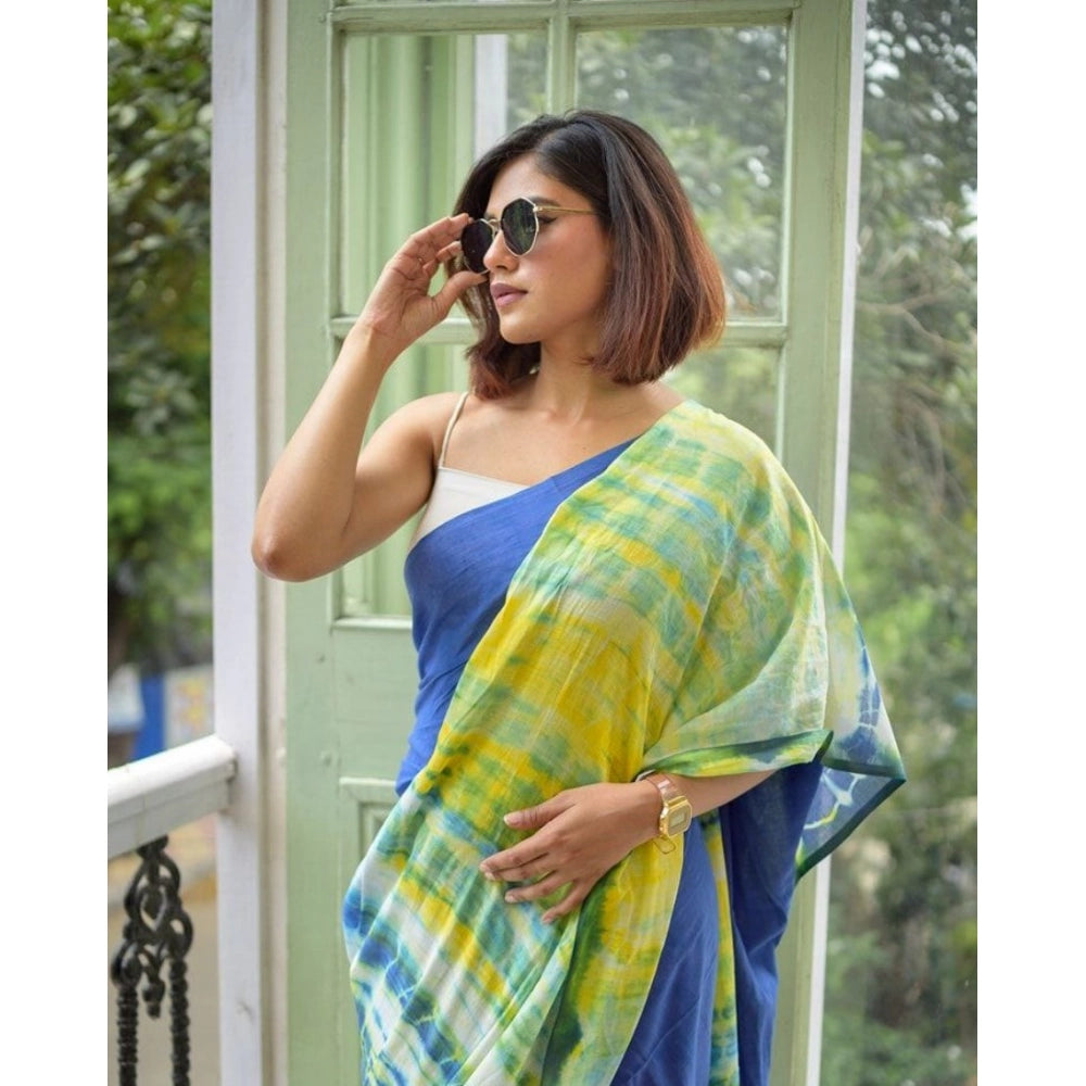 Generic Women's Linen Printed Saree With Unstitched Blouse 5.5Mtr (Blue) Secondary image