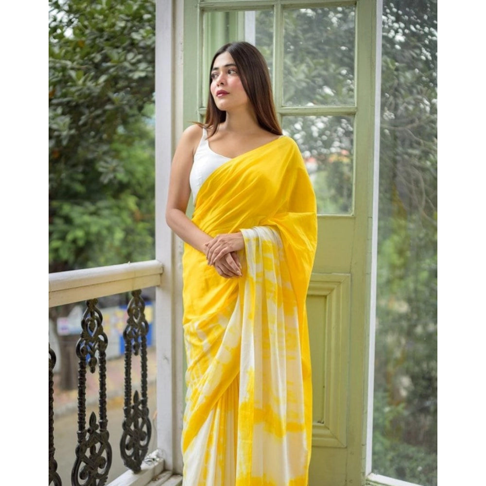 Generic Women's Linen Printed Saree With Unstitched Blouse 5.5Mtr (Yellow)