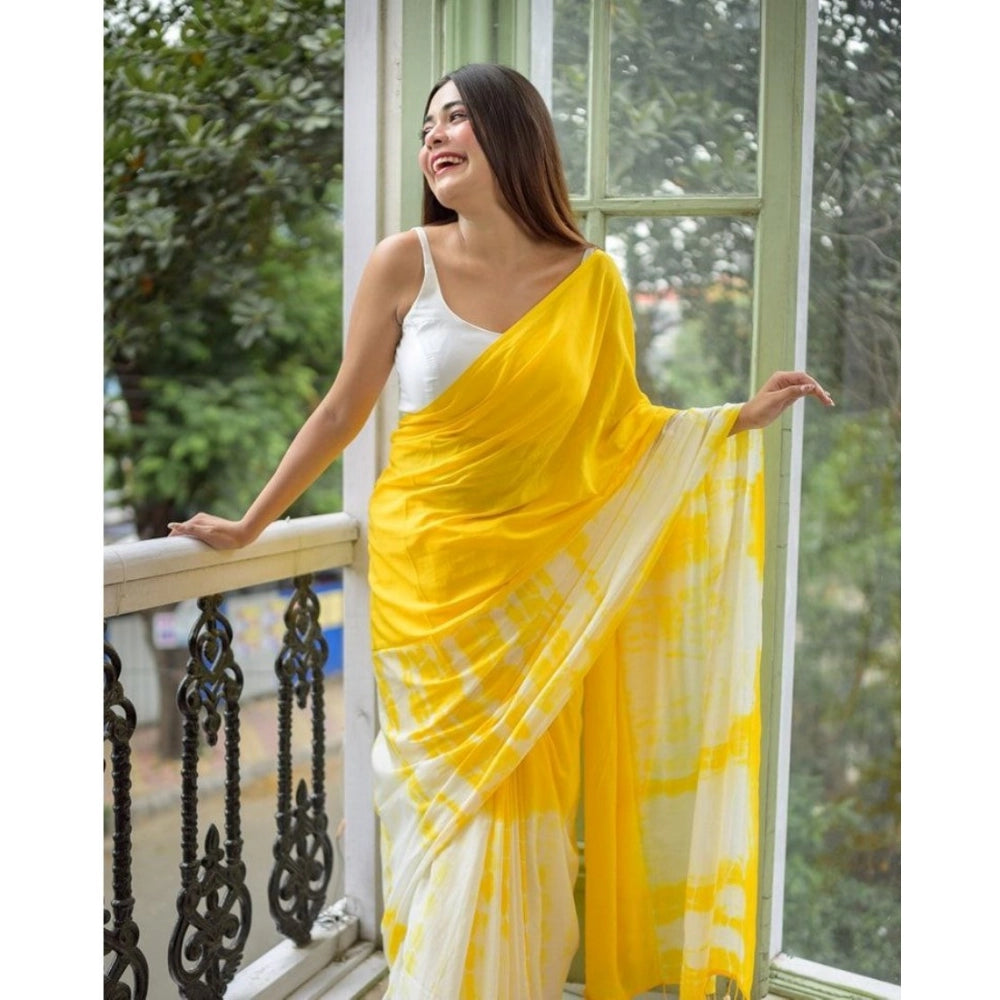 Generic Women's Linen Printed Saree With Unstitched Blouse 5.5Mtr (Yellow) Secondary image