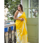 Generic Women's Linen Printed Saree With Unstitched Blouse 5.5Mtr (Yellow)