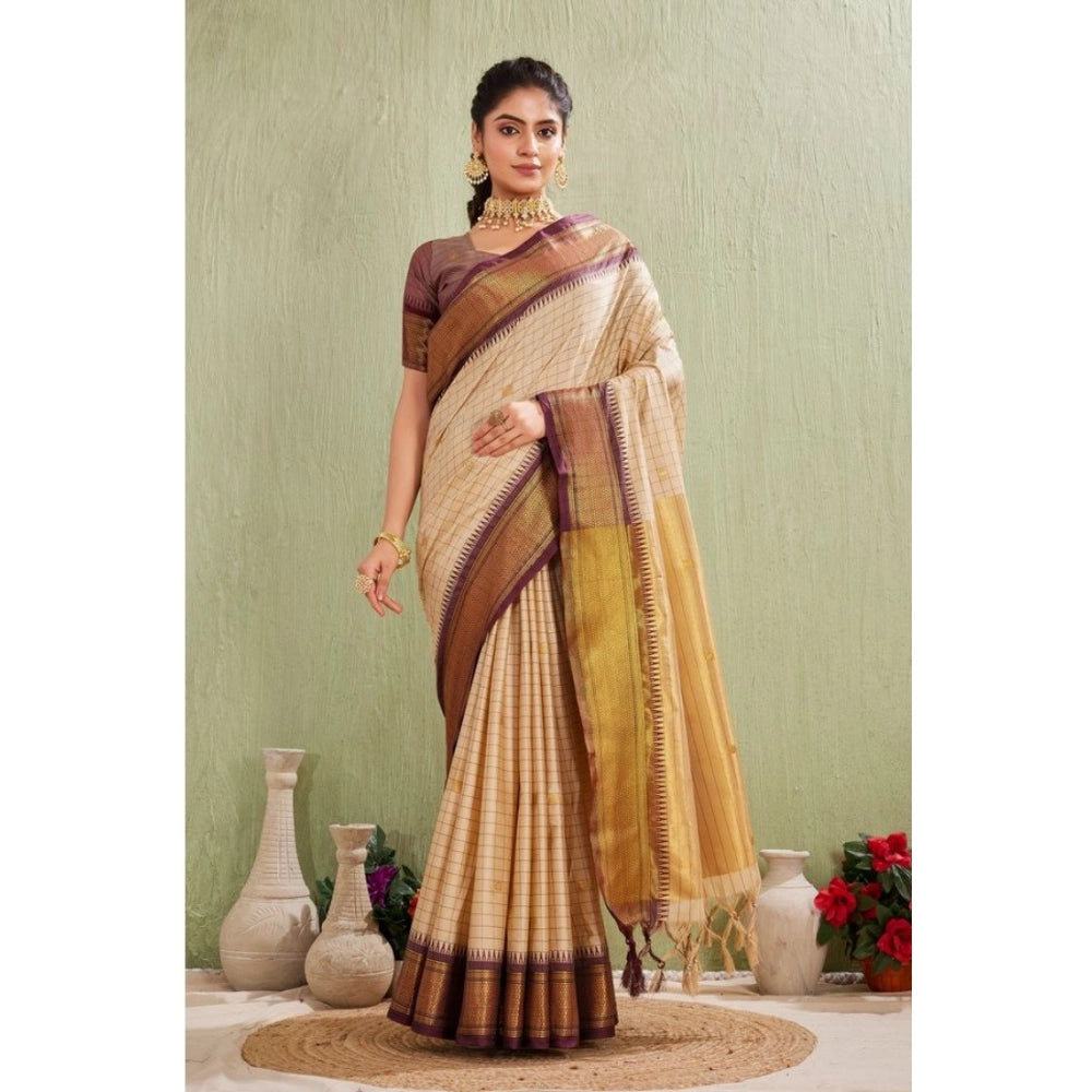 Generic Women's Silk Blended Jaquard Woven Saree With Unstitched Blouse 5.5Mtr (Beige) Main image