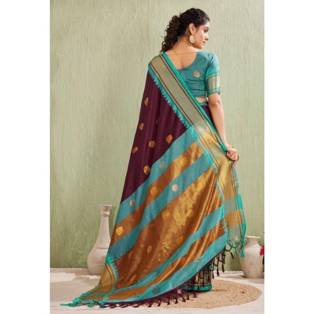 Generic Women's Silk Blended Jaquard Woven Saree With Unstitched Blouse 5.5Mtr (Purple) Secondary image
