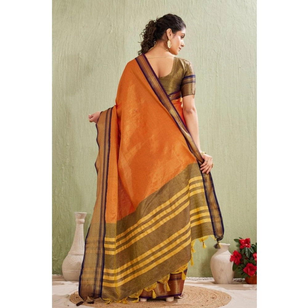 Generic Women's Silk Blended Jaquard Woven Saree With Unstitched Blouse 5.5Mtr (Orange) Secondary image