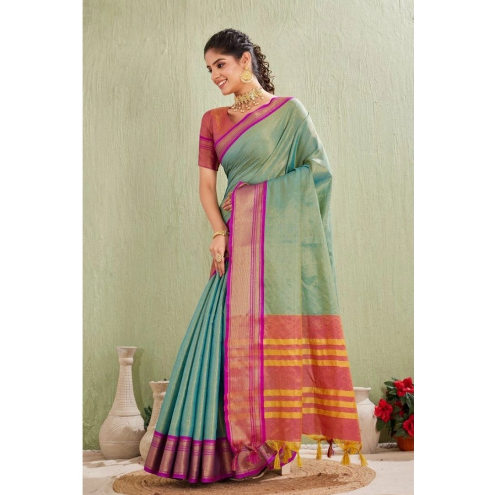Generic Women's Silk Blended Jaquard Woven Saree With Unstitched Blouse 5.5Mtr (Light Green) Secondary image