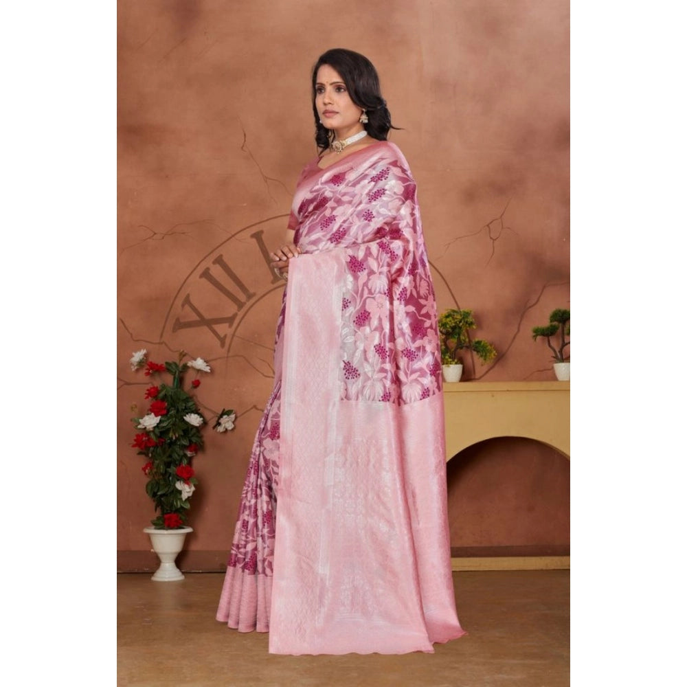 Generic Women's Banarasi Silk Jaquard Woven Saree With Unstitched Blouse 5.5Mtr (Pink)