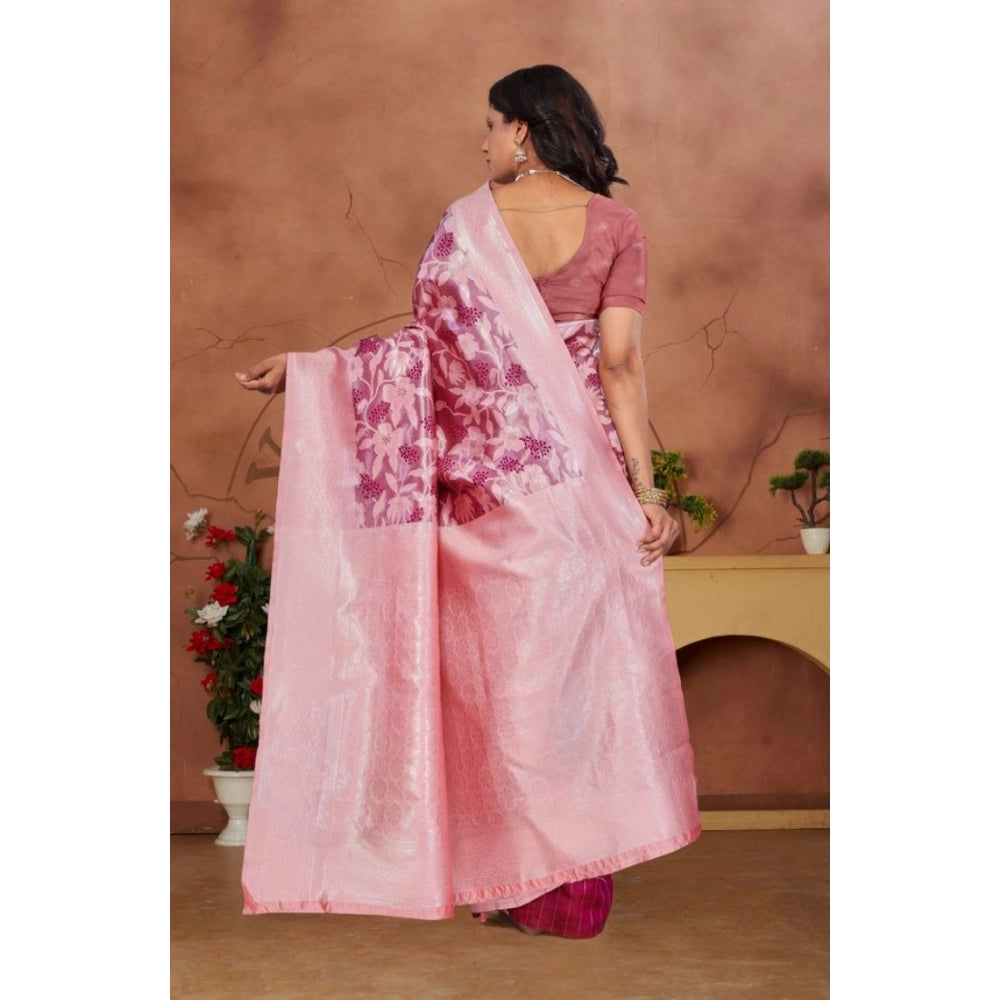 Generic Women's Banarasi Silk Jaquard Woven Saree With Unstitched Blouse 5.5Mtr (Pink)