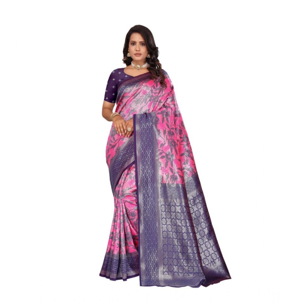Generic Women's Banarasi Silk Jaquard Woven Saree With Unstitched Blouse 5.5Mtr (Pink) Main image