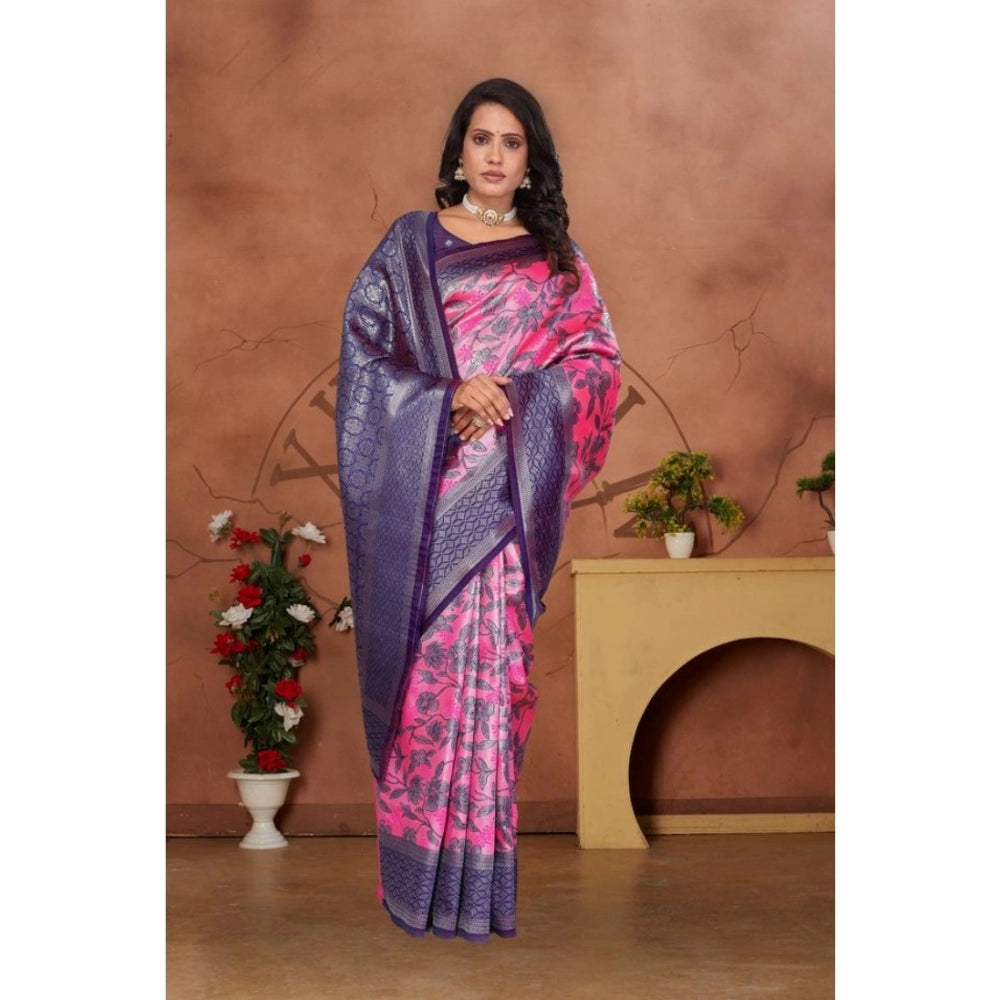 Generic Women's Banarasi Silk Jaquard Woven Saree With Unstitched Blouse 5.5Mtr (Pink) Secondary image