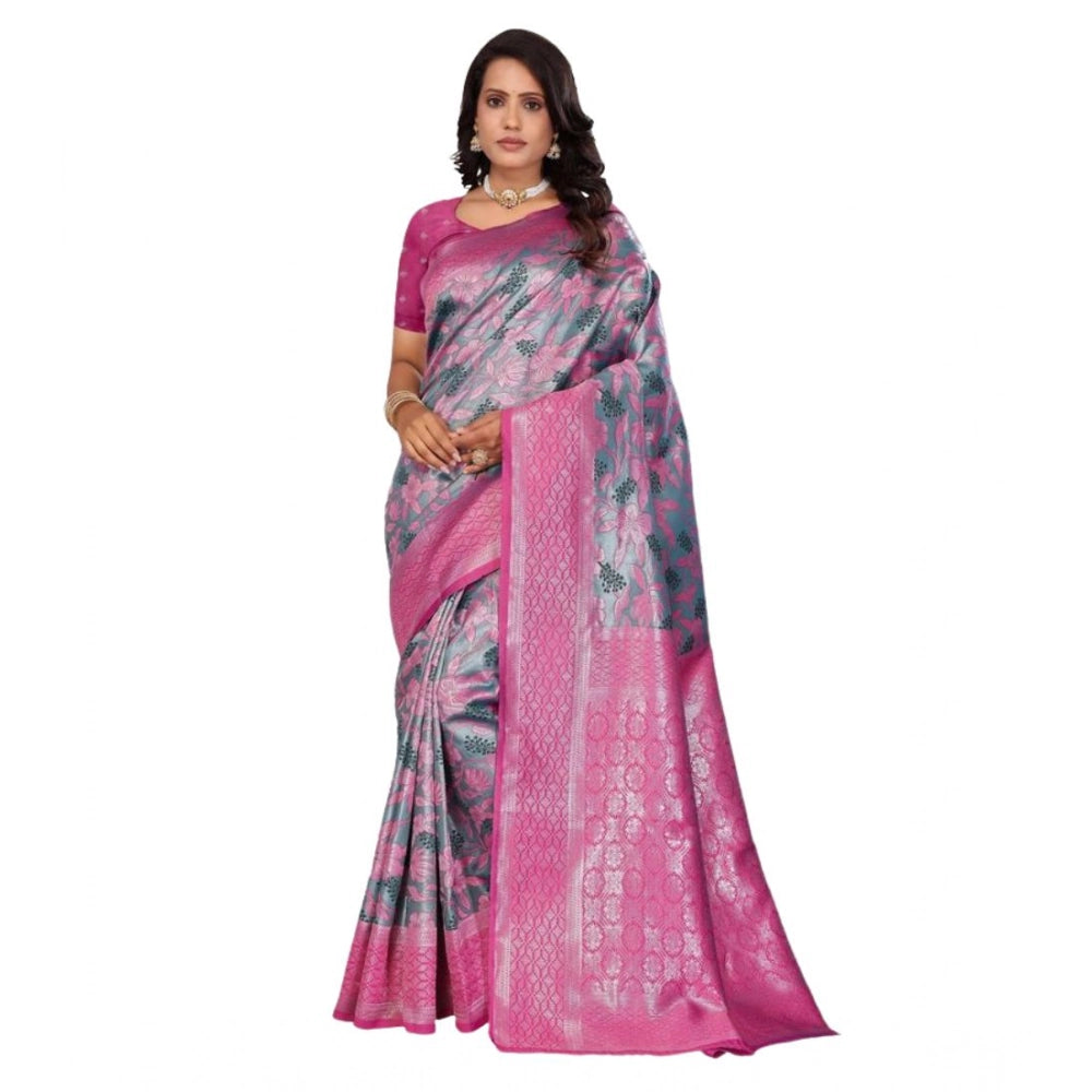 Generic Women's Banarasi Silk Jaquard Woven Saree With Unstitched Blouse 5.5Mtr (Pink)