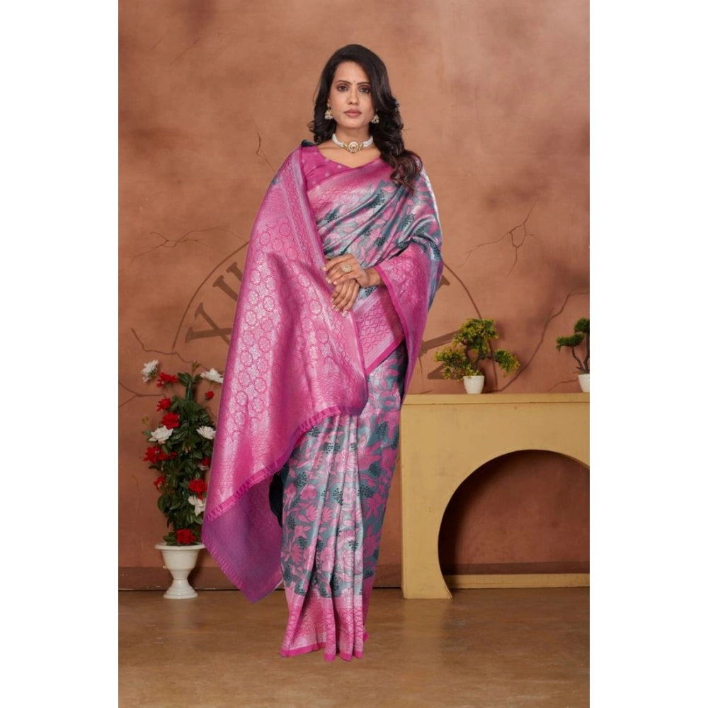 Generic Women's Banarasi Silk Jaquard Woven Saree With Unstitched Blouse 5.5Mtr (Pink) Secondary image