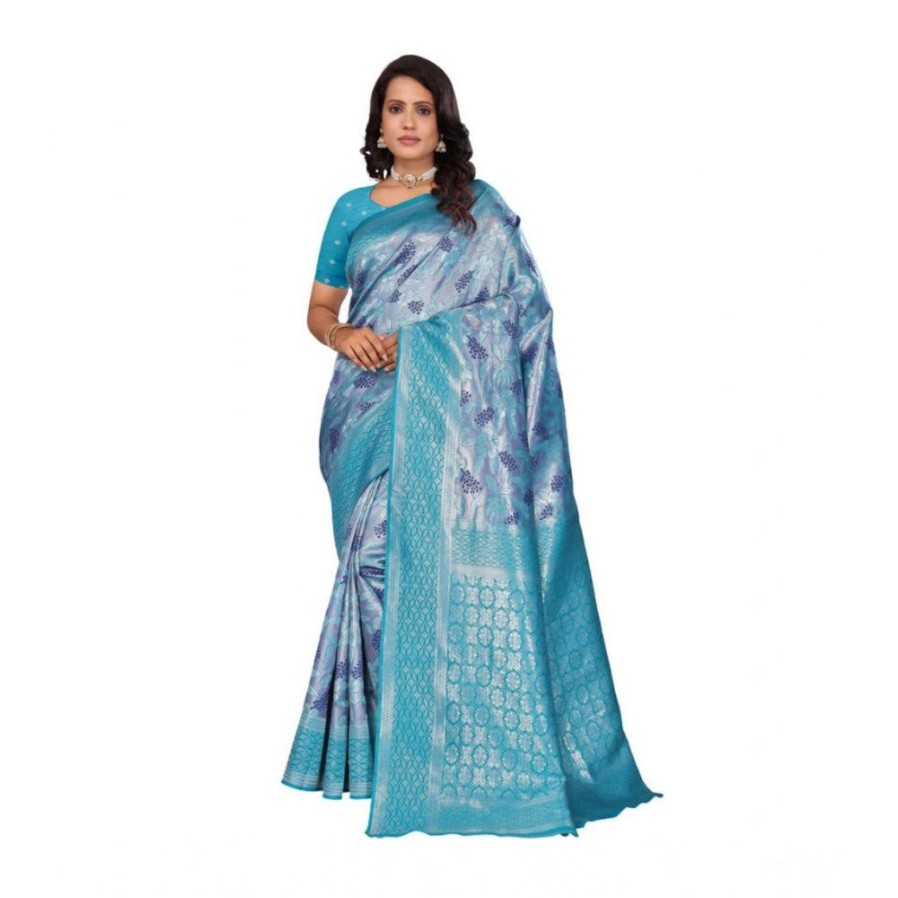 Generic Women's Banarasi Silk Jaquard Woven Saree With Unstitched Blouse 5.5Mtr (Light Blue) Main image