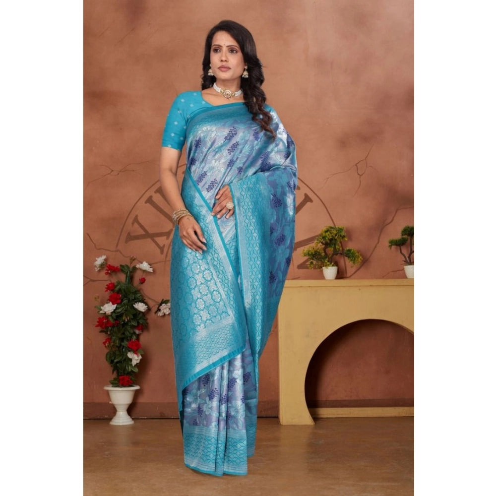 Generic Women's Banarasi Silk Jaquard Woven Saree With Unstitched Blouse 5.5Mtr (Light Blue) Secondary image