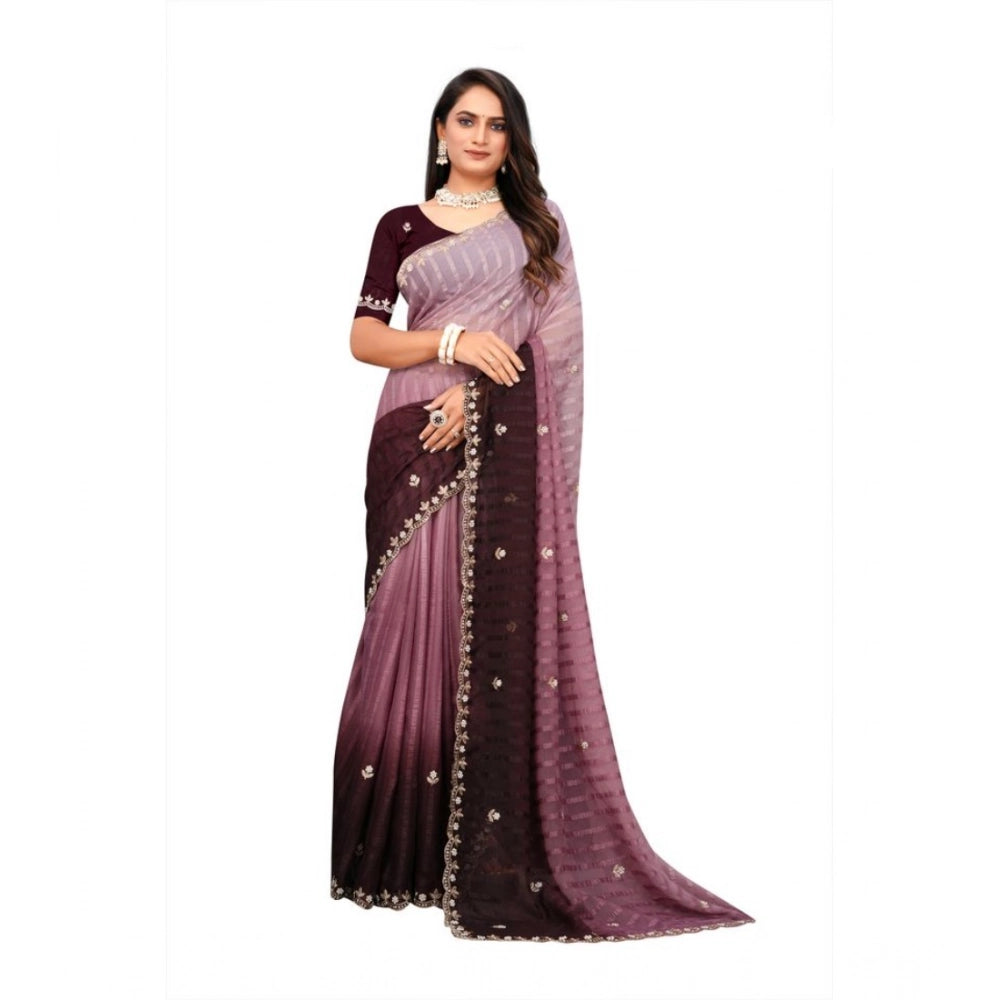 Generic Women's Chiffon Embroidred Saree With Unstitched Blouse 5.5Mtr (Beige) Main image