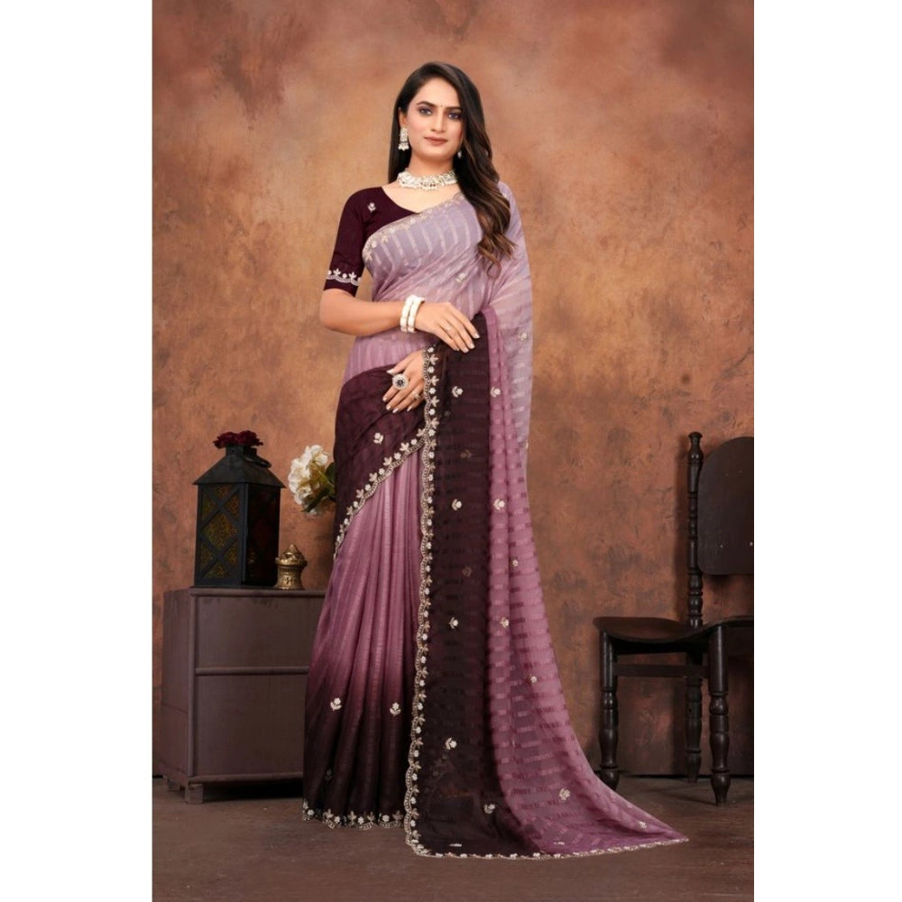 Generic Women's Chiffon Embroidred Saree With Unstitched Blouse 5.5Mtr (Beige) Secondary image