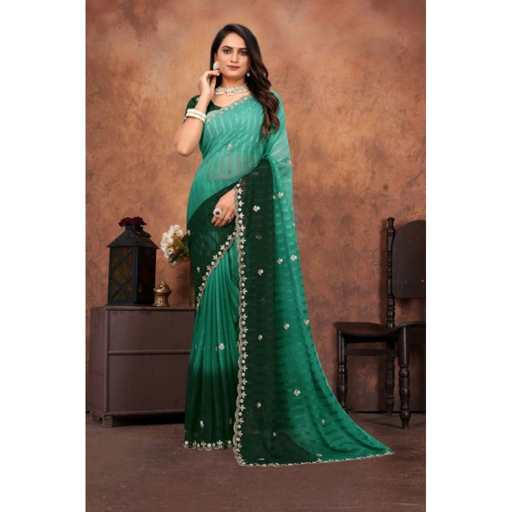 Generic Women's Chiffon Embroidred Saree With Unstitched Blouse 5.5Mtr (Dark Green) Main image