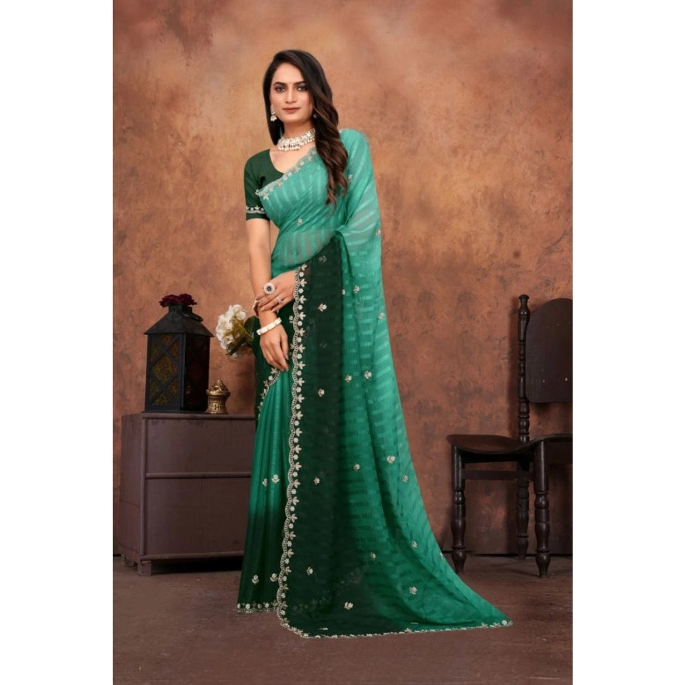 Generic Women's Chiffon Embroidred Saree With Unstitched Blouse 5.5Mtr (Dark Green) Secondary image